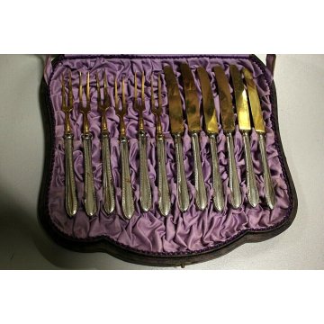 ANTICO SERVIZIO POSATE ANTIPASTO IMPUGNATURA  ARGENTATA LAMA DORATA Marke Alto