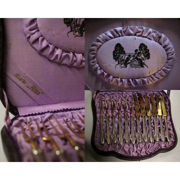 ANTICO SERVIZIO POSATE ANTIPASTO IMPUGNATURA  ARGENTATA LAMA DORATA Marke Alto