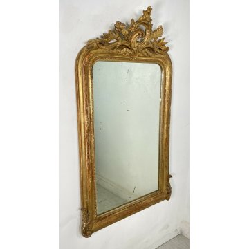 ANTICA SPECCHIERA 1800 CAMINIERA VASSOIO CORNICE LEGNO GESSO FOGLIA ORO SCOLPITA