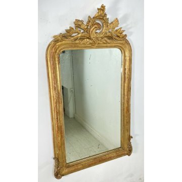 ANTICA SPECCHIERA 1800 CAMINIERA VASSOIO CORNICE LEGNO GESSO FOGLIA ORO SCOLPITA