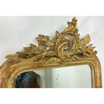 ANTICA SPECCHIERA 1800 CAMINIERA VASSOIO CORNICE LEGNO GESSO FOGLIA ORO SCOLPITA