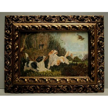  ANTICO DIPINTO OLIO Bassin E. SCENA CACCIA BOSCO SETTER CACCIATORE PESCATORE 