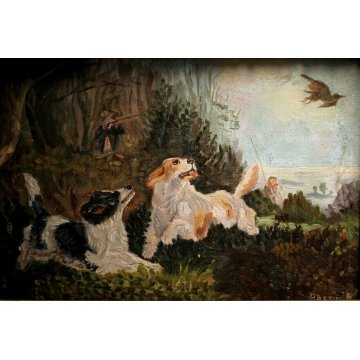  ANTICO DIPINTO OLIO Bassin E. SCENA CACCIA BOSCO SETTER CACCIATORE PESCATORE 