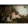  ANTICO DIPINTO OLIO Bassin E. SCENA CACCIA BOSCO SETTER CACCIATORE PESCATORE 