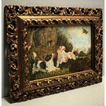  ANTICO DIPINTO OLIO Bassin E. SCENA CACCIA BOSCO SETTER CACCIATORE PESCATORE 