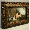  ANTICO DIPINTO OLIO Bassin E. SCENA CACCIA BOSCO SETTER CACCIATORE PESCATORE 