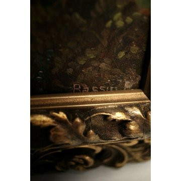  ANTICO DIPINTO OLIO Bassin E. SCENA CACCIA BOSCO SETTER CACCIATORE PESCATORE 