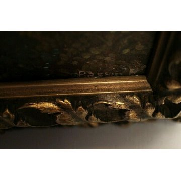  ANTICO DIPINTO OLIO Bassin E. SCENA CACCIA BOSCO SETTER CACCIATORE PESCATORE 