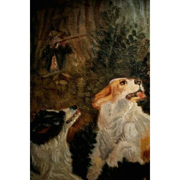  ANTICO DIPINTO OLIO Bassin E. SCENA CACCIA BOSCO SETTER CACCIATORE PESCATORE 