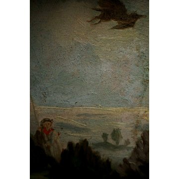  ANTICO DIPINTO OLIO Bassin E. SCENA CACCIA BOSCO SETTER CACCIATORE PESCATORE 