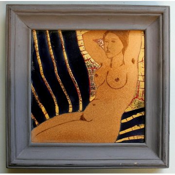 QUADRO DIPINTO PIASTRELLA CERAMICA V. Melekhov Minsk 94 GOLD FIGURA NUDO DONNA