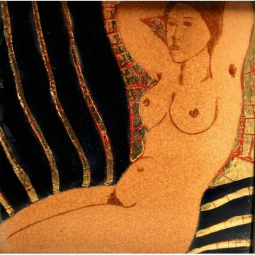 QUADRO DIPINTO PIASTRELLA CERAMICA V. Melekhov Minsk 94 GOLD FIGURA NUDO DONNA