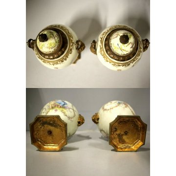ANTICA COPPIA  VASI Sevres Limoges PORCELLANA BRONZO SCENA ROMANTICA DAME PUTTI 