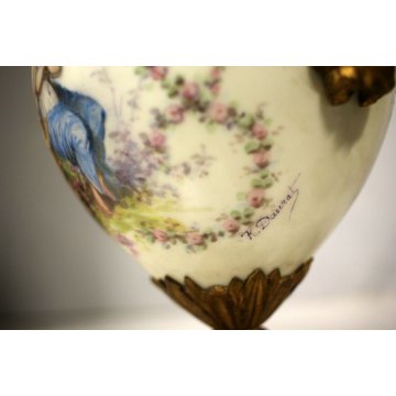ANTICA COPPIA  VASI Sevres Limoges PORCELLANA BRONZO SCENA ROMANTICA DAME PUTTI 