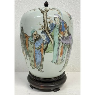 ANTICO VASO CINESE CERAMICA SMALTATA DISEGNO ASINO 1800 TAPPO LEGNO KIMONO EPOCA