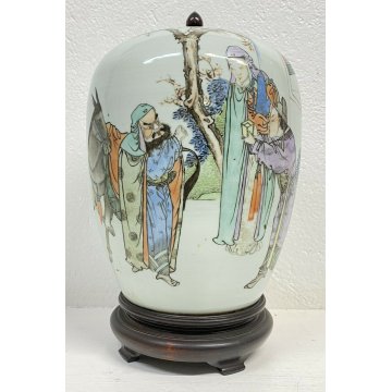 ANTICO VASO CINESE CERAMICA SMALTATA DISEGNO ASINO 1800 TAPPO LEGNO KIMONO EPOCA