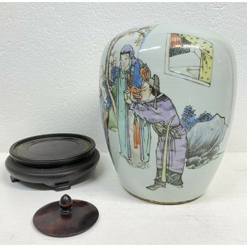 ANTICO VASO CINESE CERAMICA SMALTATA DISEGNO ASINO 1800 TAPPO LEGNO KIMONO EPOCA