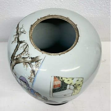 ANTICO VASO CINESE CERAMICA SMALTATA DISEGNO ASINO 1800 TAPPO LEGNO KIMONO EPOCA