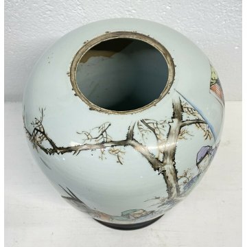 ANTICO VASO CINESE CERAMICA SMALTATA DISEGNO ASINO 1800 TAPPO LEGNO KIMONO EPOCA