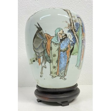 ANTICO VASO CINESE CERAMICA SMALTATA DISEGNO ASINO 1800 TAPPO LEGNO KIMONO EPOCA