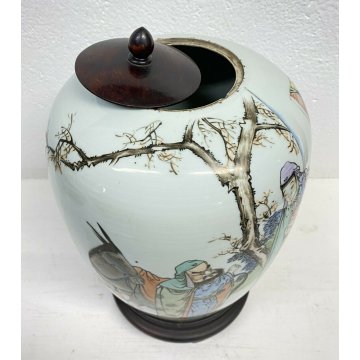 ANTICO VASO CINESE CERAMICA SMALTATA DISEGNO ASINO 1800 TAPPO LEGNO KIMONO EPOCA