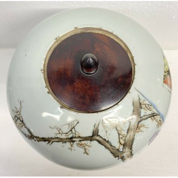 ANTICO VASO CINESE CERAMICA SMALTATA DISEGNO ASINO 1800 TAPPO LEGNO KIMONO EPOCA