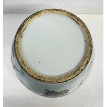 ANTICO VASO CINESE CERAMICA SMALTATA DISEGNO ASINO 1800 TAPPO LEGNO KIMONO EPOCA