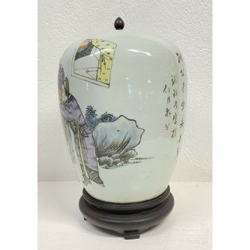 ANTICO VASO CINESE CERAMICA SMALTATA DISEGNO ASINO 1800 TAPPO LEGNO KIMONO EPOCA