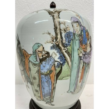 ANTICO VASO CINESE CERAMICA SMALTATA DISEGNO ASINO 1800 TAPPO LEGNO KIMONO EPOCA