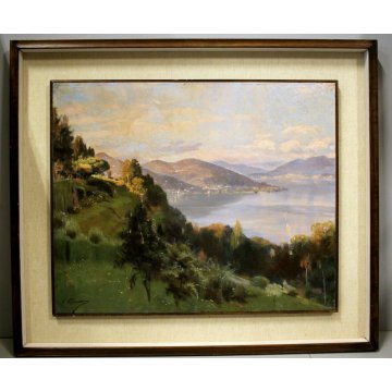 ANTICO DIPINTO OLIO TAVOLA F. Galante PAESAGGIO LAGO MAGGIORE 1944