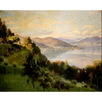 ANTICO DIPINTO OLIO TAVOLA F. Galante PAESAGGIO LAGO MAGGIORE 1944