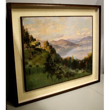 ANTICO DIPINTO OLIO TAVOLA F. Galante PAESAGGIO LAGO MAGGIORE 1944