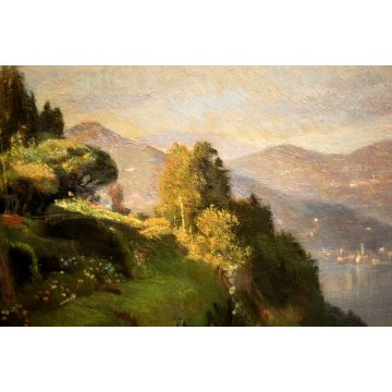 ANTICO DIPINTO OLIO TAVOLA F. Galante PAESAGGIO LAGO MAGGIORE 1944