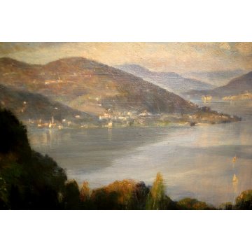 ANTICO DIPINTO OLIO TAVOLA F. Galante PAESAGGIO LAGO MAGGIORE 1944