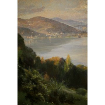 ANTICO DIPINTO OLIO TAVOLA F. Galante PAESAGGIO LAGO MAGGIORE 1944