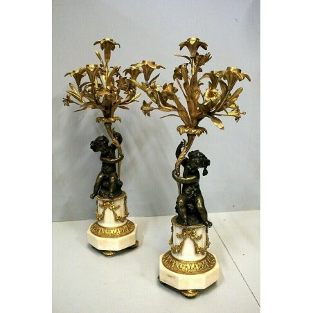 ANTICO COPPIA CANDELABRO 4 LUMI PUTTO DECORO GIGLIO BRONZO DORATO IMPERO '800