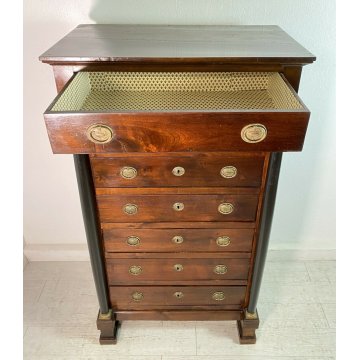 ANTICO MOBILE SETTIMANALE STILE IMPERO LEGNO NOCE CASSETTI 1800 CASSETTONE EPOCA