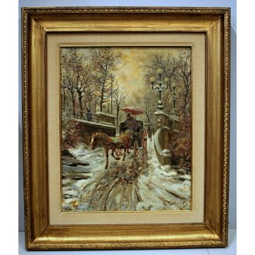 ANTICO QUADRO OLIO TELA G. SALVI Vecchia Milano INVERNO NEVE CARROZZA COCCHIERE 