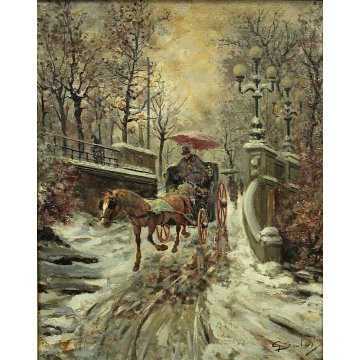 ANTICO QUADRO OLIO TELA G. SALVI Vecchia Milano INVERNO NEVE CARROZZA COCCHIERE 