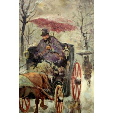 ANTICO QUADRO OLIO TELA G. SALVI Vecchia Milano INVERNO NEVE CARROZZA COCCHIERE 