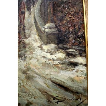 ANTICO QUADRO OLIO TELA G. SALVI Vecchia Milano INVERNO NEVE CARROZZA COCCHIERE 
