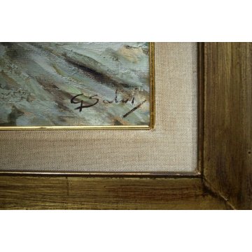 ANTICO QUADRO OLIO TELA G. SALVI Vecchia Milano INVERNO NEVE CARROZZA COCCHIERE 