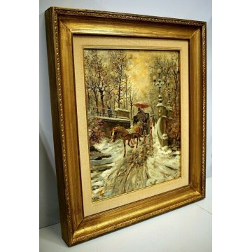 ANTICO QUADRO OLIO TELA G. SALVI Vecchia Milano INVERNO NEVE CARROZZA COCCHIERE 