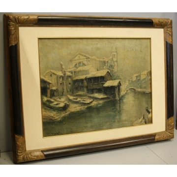 ANTICO QUADRO OLIO TELA PAESAGGIO NEVE VECCHIA Venezia Santa Maria della Salute