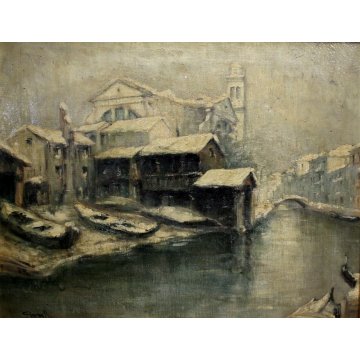 ANTICO QUADRO OLIO TELA PAESAGGIO NEVE VECCHIA Venezia Santa Maria della Salute
