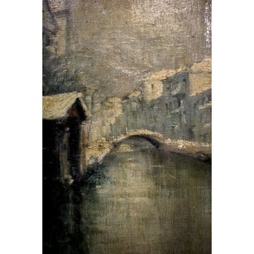 ANTICO QUADRO OLIO TELA PAESAGGIO NEVE VECCHIA Venezia Santa Maria della Salute
