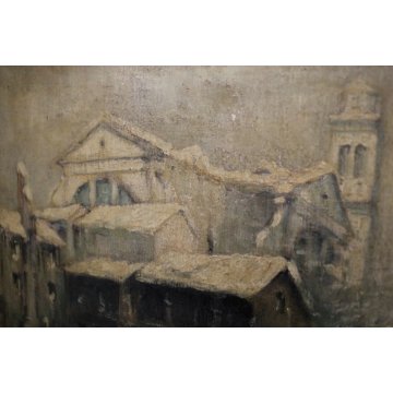 ANTICO QUADRO OLIO TELA PAESAGGIO NEVE VECCHIA Venezia Santa Maria della Salute