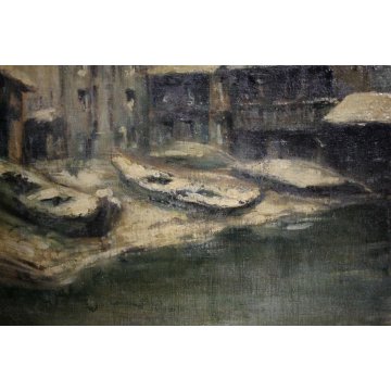 ANTICO QUADRO OLIO TELA PAESAGGIO NEVE VECCHIA Venezia Santa Maria della Salute