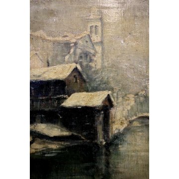 ANTICO QUADRO OLIO TELA PAESAGGIO NEVE VECCHIA Venezia Santa Maria della Salute