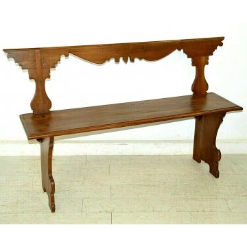 ANTICA GRANDE PANCA epoca 1800 LEGNO MASSELLO NOCE PANCHINA con SCHIENALE CHIESA